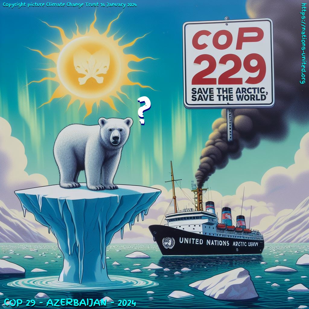 Polar Bear balanced on melting Arctic ise while a United Nations survey vessel belches black smoke from burning fossil fuels